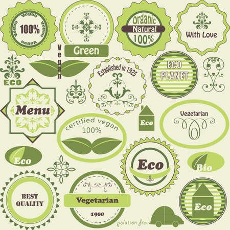 Vector set of eco  labels and vegetarian  design elements, fully editable eps8  fileのイラスト素材