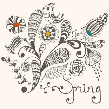 vector  spring greeting card with floral pattern and bird, hand written text, hand drawn doodle style, fully editable eps 8 file のイラスト素材
