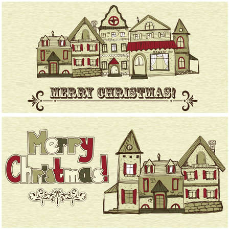 2 vector Christmas postcards with old houses and greetingsのイラスト素材