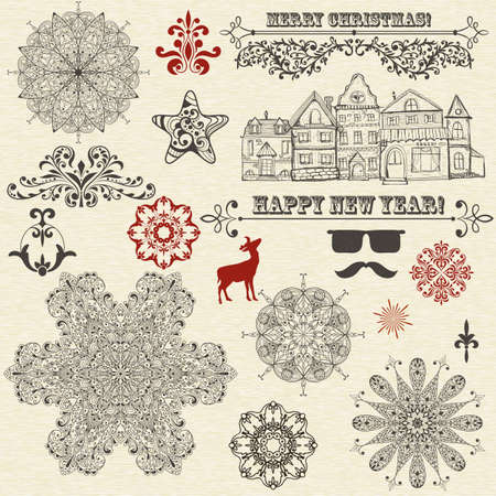 vector vintage holiday  design elements  and snowflakesのイラスト素材