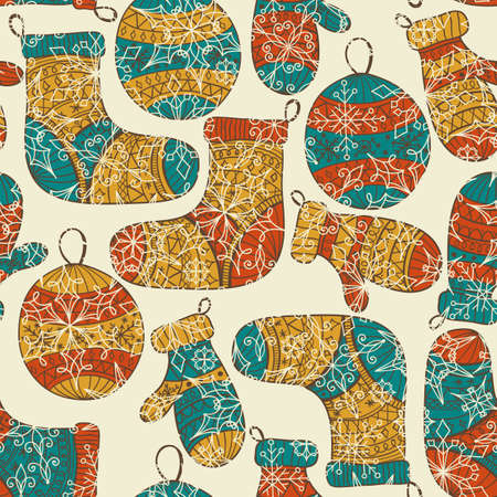 Christmas pattern with socks, mittens, fir tree balls and snowflakes のイラスト素材