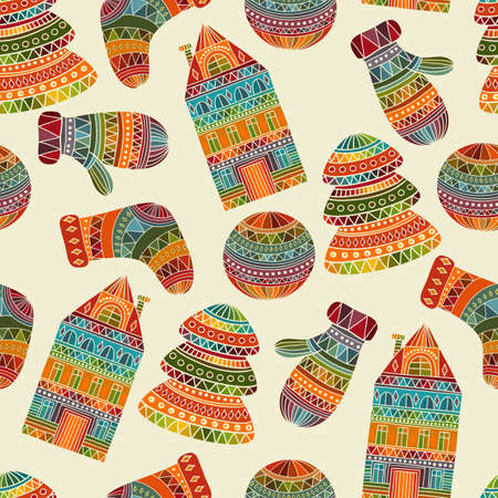 Vector seamless winter  Christmas pattern with socks, mittens, fir trees, balls, houses, pattern in swatch menuのイラスト素材