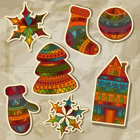 Vector Christmas stickers design elements: socks, mittens, fir trees, balls, houses, snowflakes on crumpled paper texture, transparency effectsのイラスト素材