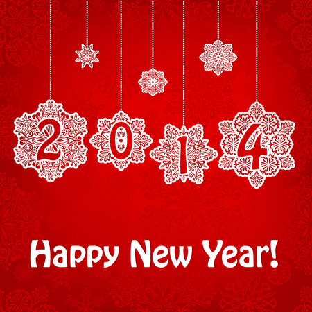 2014 New Year Greeting Card with hanging snowflakes and greetings on red seamless pattern, transparency effectsのイラスト素材
