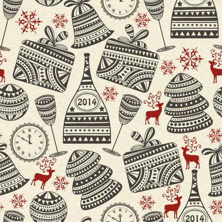 vector holiday  winter pattern with clock, champagne and glasses, fir trees, presents, deers, and snowflakes, seamless pattern in swatch menuのイラスト素材
