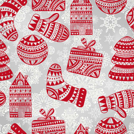 vector bright  holiday  winter pattern with sledge, snowman, boxes, snowflakes, deers, and fir trees, seamless pattern in swatch menuのイラスト素材