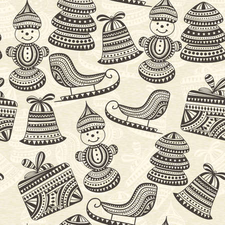 vector holiday  winter pattern with sledge, snowman, boxes, snowflakes, deers, and fir trees, seamless pattern in swatch menuのイラスト素材