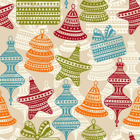 vector bright  holiday  winter pattern with sledge, snowman, boxes, snowflakes, deers, and fir trees, seamless pattern in swatch menuのイラスト素材