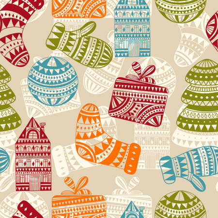 vector holiday  winter pattern with houses, socks, mittens,  and fir trees, seamless pattern in swatch menuのイラスト素材