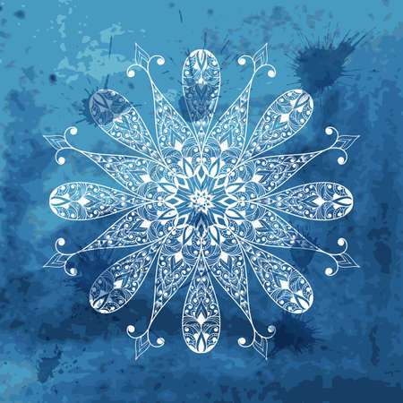 Vector white snowflake on watercolor blue background and blobs, transparency effectのイラスト素材