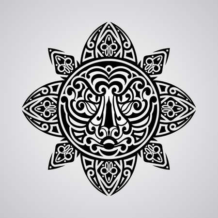 vector sun with tiger face in the centre,  tattoo sketch, Polynesian tattoo styleのイラスト素材