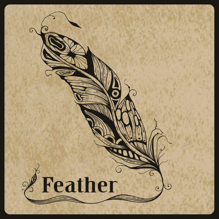 Vector highly detailed hand drawn tattoo feather on rorgh paper texture, place for your text, AI standart font Birch stdのイラスト素材