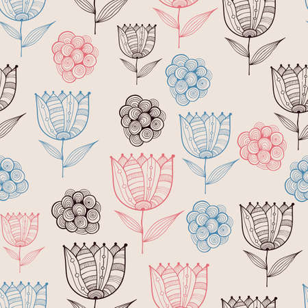 Seamless Doodle Floral Pattern with Tulipsのイラスト素材
