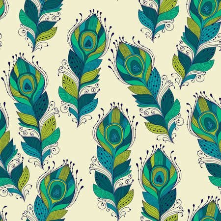 Vector seamless Pattern with peacock feathers, fully editable eps 10 file with clipping mask and seamless pattern in swatch menuのイラスト素材