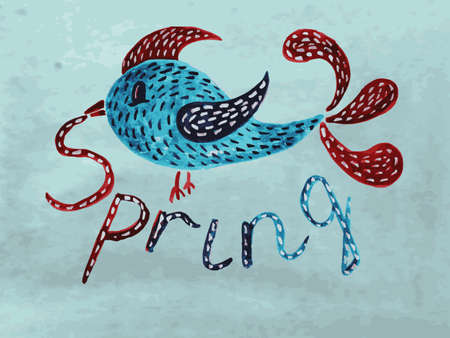 Vector Watercolor Bird with Spring Greetingのイラスト素材