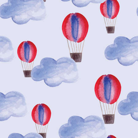 Vector Seamless Pattern with Watercolor Clouds and Air Balloons, fully editable eps 10 file with clipping mask and seamless pattern in swatch menuのイラスト素材