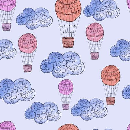 Vector Seamless Pattern with Watercolor Clouds and Air Balloons, fully editable eps 10 file with clipping mask and seamless pattern in swatch menuのイラスト素材