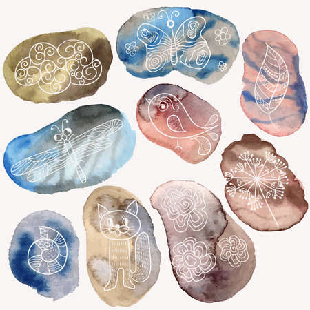 Vector  Watercolor  Stones with white Drawings, drawings and stones can be used separatelyのイラスト素材