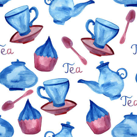Vector Watercolor Seamless Tea Time Pattern, fully editable eps 10 file with clipping mask, seamless pattern in swatch menu, you can use elements separatelyのイラスト素材