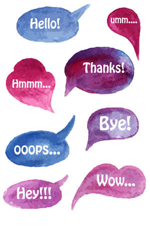 Vector Watercolor Speach Bubbles Set with Short Phrases on Separate Layerのイラスト素材