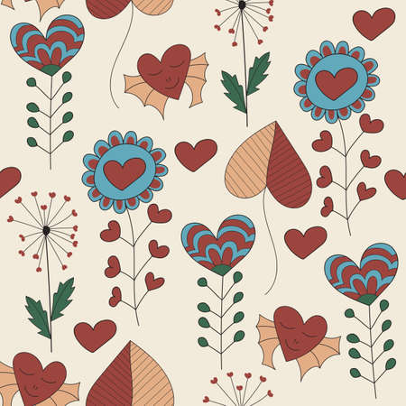 Vector Childish Seamless Pattern with  plants and hearts, seamless pattern in swatch menuのイラスト素材