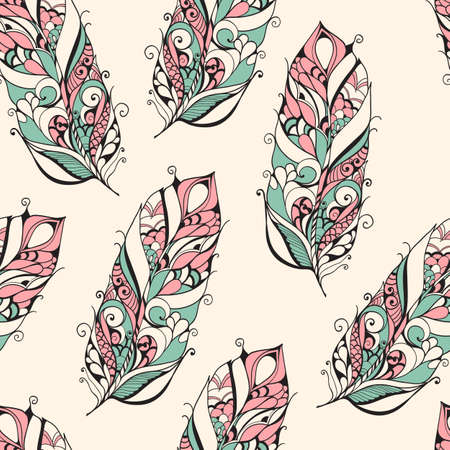 Tribal Seamless Pattern with Doodle Feathersのイラスト素材