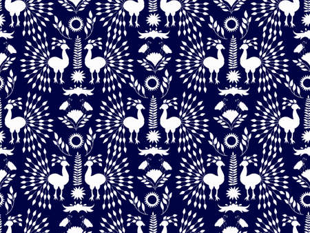 Vector Seamless Mexican Otomi Style   Pattern with Peacocks