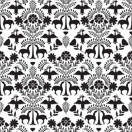 Vector Seamless Mexican Otomi Style Black and White Patternのイラスト素材