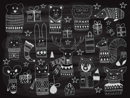 Vector Christmas  Doodle Animals drawn on the chalkboardのイラスト素材
