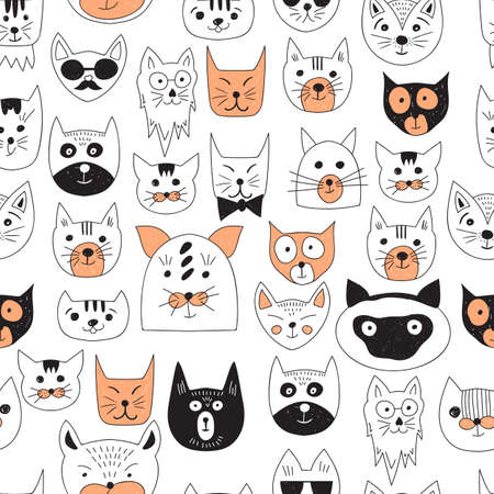 Vector Seamless Pattern with Doodle Catsのイラスト素材