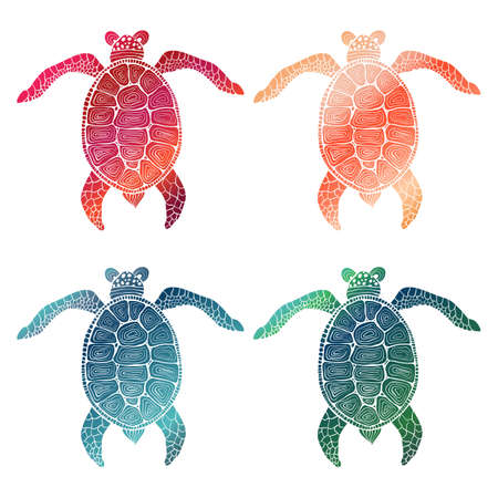4 Gradient hand drawn bright turtlesのイラスト素材