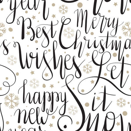 Vector Seamless Pattern with Christmas Letterings.  Merry Christmas. Happy new year. Let it Snow. Best Wishes.のイラスト素材