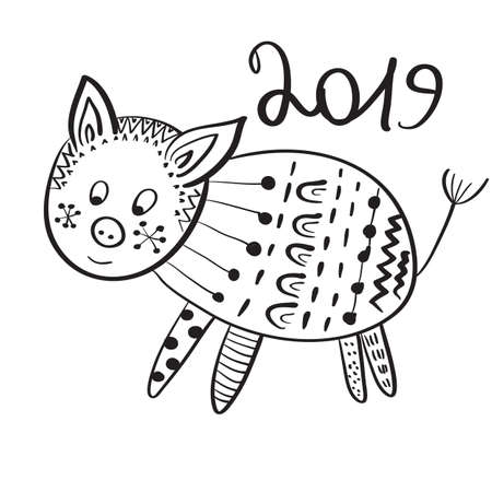 Vector 2019 New Year Greeting Card with Pig.  Hand drawn doodle styleのイラスト素材