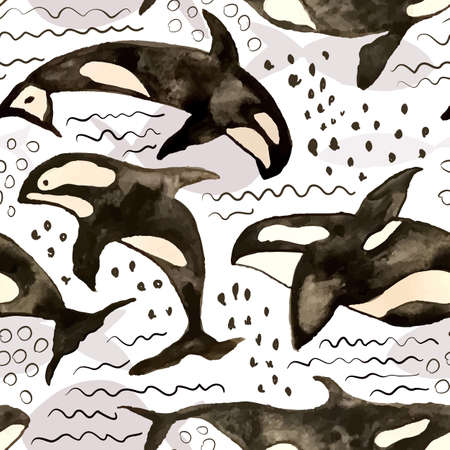 Vector Seamless Pattern with Watercolor Orcas. Underwater Hand Drawn Backgroundのイラスト素材