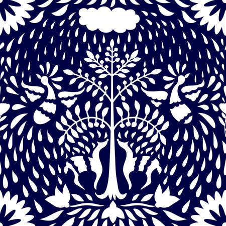 Vector Seamless Mexican Otomi Style Bright Pattern. White dring on blue backgroundのイラスト素材