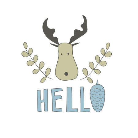 Vector Greeting Card with Cartoon Moose and Hello. Scandinavian style. T-shirt designのイラスト素材
