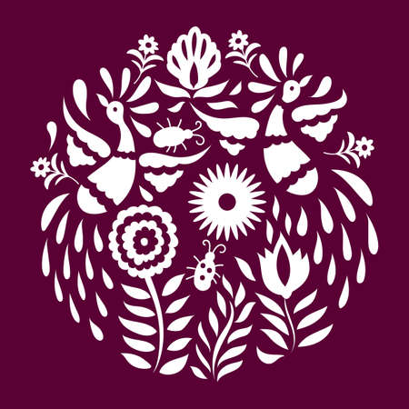 Otomi Style Circle Pattern. White animals on Purple Backgroundのイラスト素材