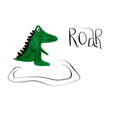 Vector Cartoon Crocodile with Roar Lettering. Hand Drawn Illustration. Original Design for Childrenのイラスト素材
