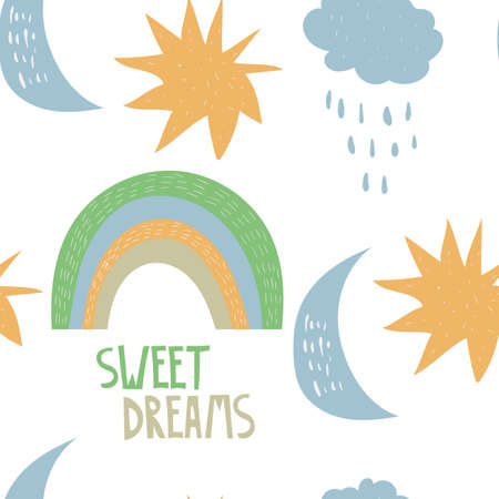 Vector Seamless Sweet Dreams Nursery Baby Print. Seamless Pattern with rainbow, clouds, stars and moon. Childish Creative Design.のイラスト素材