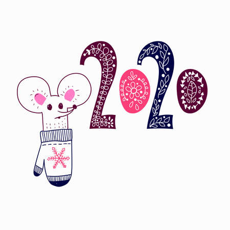 2020 New Year Greeting Card with mouse and decorated 2020のイラスト素材