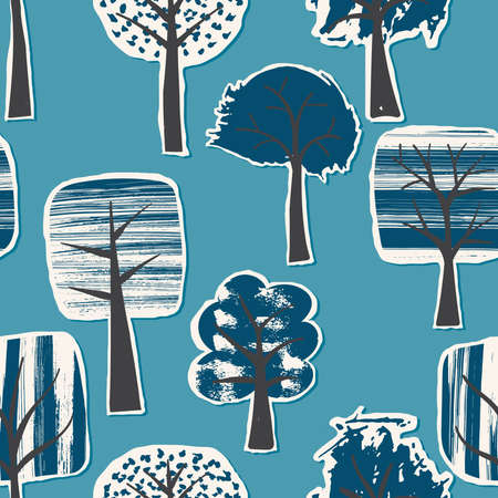 Vector Seamless Pattern with Paper Cut Winter  Trees Covered with Snow. Scandinavian Naive Style. Collageのイラスト素材