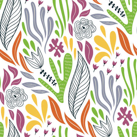 Vector Seamless Doodle Pattern with Flowers and Leavesのイラスト素材