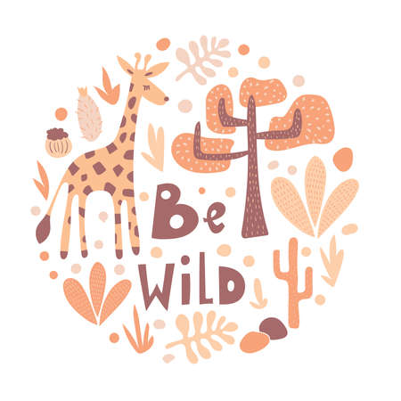 Vector  Safari Round Pattern with Giraffes and savannah landscape. Be wildのイラスト素材