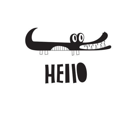 Vector Funny Print with crocodile and "Hello". Scandinavian styleのイラスト素材