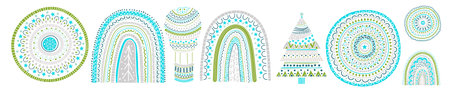 Vector Christmas Pattern with rainbow, fir tree, snowflakes and balloon etc. Childish naive scandinavian style. Design Elements setのイラスト素材