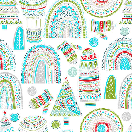 Vector Christmas Design Elements set with rainbows, fir trees, snowflakes and balloon etc. Childish naive scandinavian style.のイラスト素材