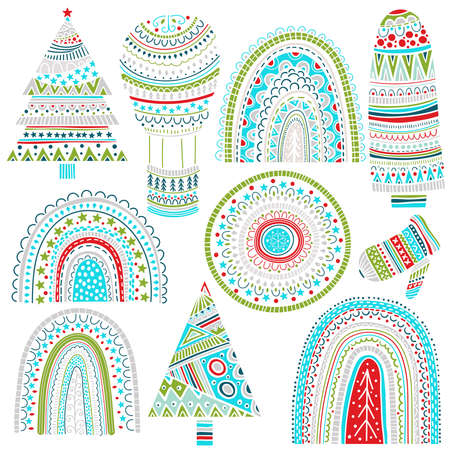 Vector Christmas Design Elements set with rainbows, fir trees, snowflakes and balloon etc. Childish naive scandinavian style.のイラスト素材