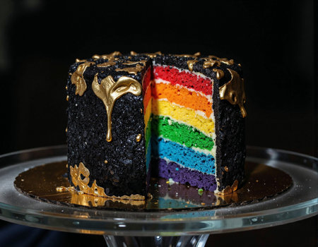 Rainbow cake decorated with icing and chocolate on a glass plate.の素材