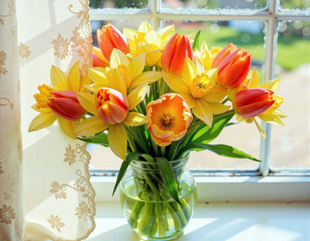 Bouquet of tulips in a vase on the windowsillの素材