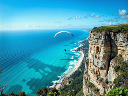 Paraglider flying over the ocean. Paraglider on the background of the cliffs.の素材